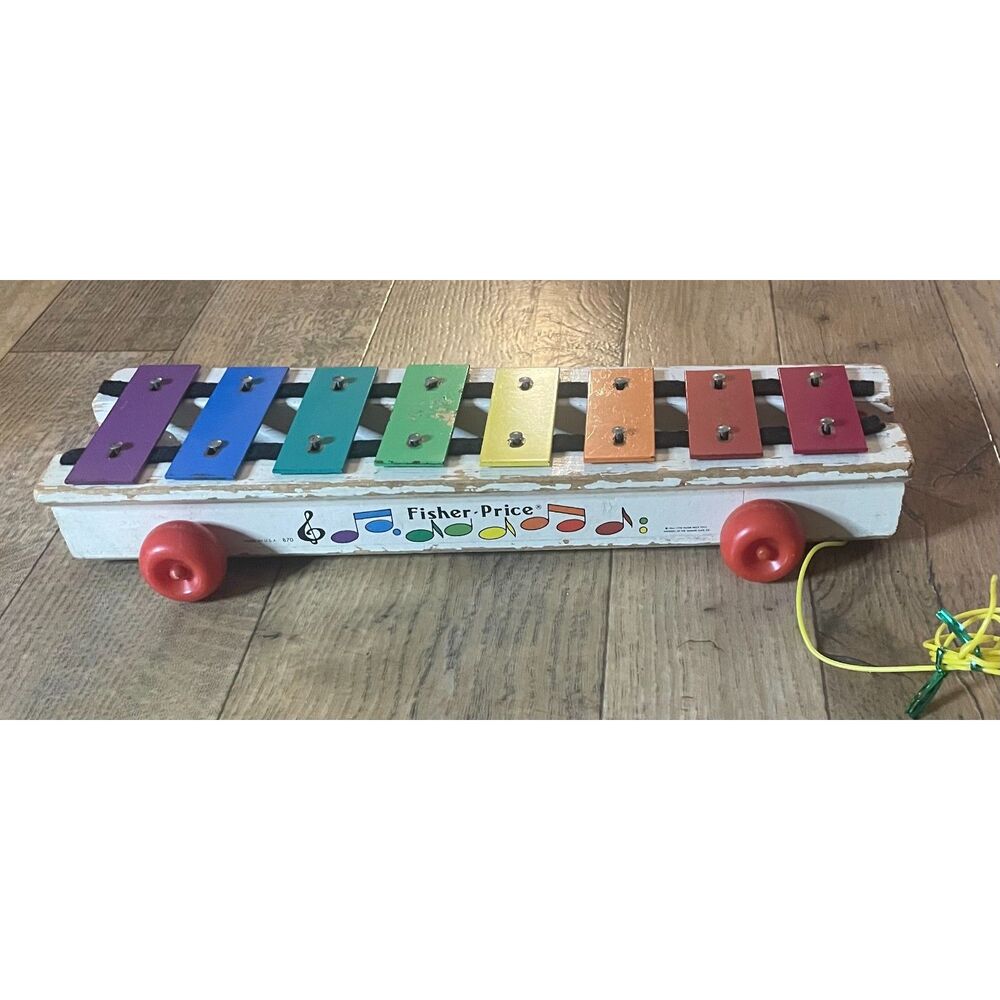 Vintage 1978 Fisher Price Pull Along Xylophone #670 Wooden Musical Toy Rainbow